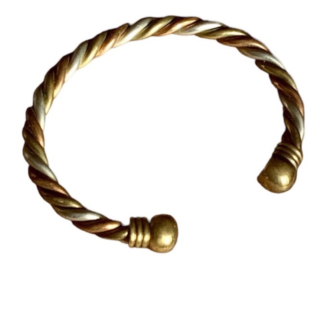 Tri Color Metal Twisted Open End Magnet Mens Cuff Bracelet Copper Brass Silver